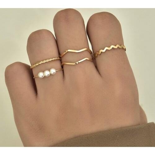 5 Pcs/Set Gold Imitation Pearl Geometric Rings Set Fashion Simple Finger RingS for Women Party Jewelry Accessories