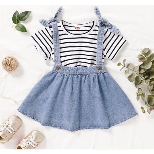 NEW Summer Baby Girls Clothes Casual Striped T-shirt Top Denim Skirts Girls' Clothing Sets 1-4Y