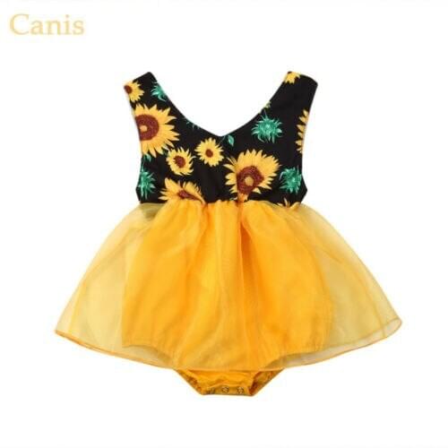 Newborn Kids Baby Girl Princess Party Dress Sunflower Lace Tutut Romper Jumpsuit Sunsuit