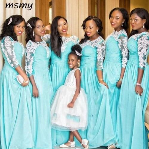 New Blue Bridesmaid Dresses Lace Long Sleeves Chiffon Wedding Party Dress Cheap Arabic Prom Gowns