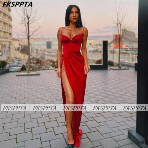 Sexy Hot Red Long Prom Dresses High Slit Sweetheart Satin Backless Charming 2021 Party Formal Gowns Prom Plus Size