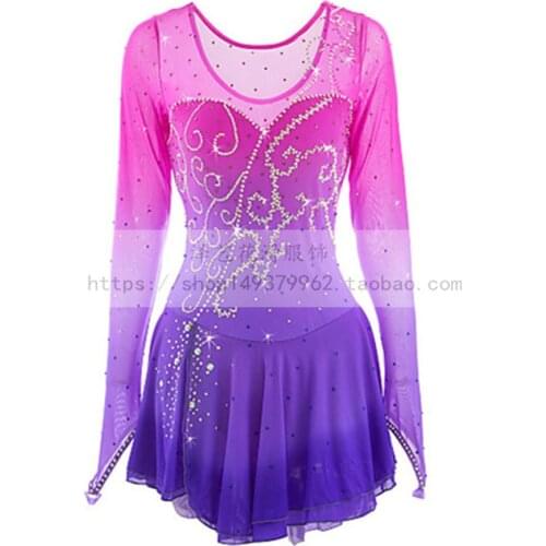 LIUHUO Figure Skating Dress Womens Girls' Ice Skating Dress Competition Long sleeve pink purple Shiny rhinestone KidsRound neck