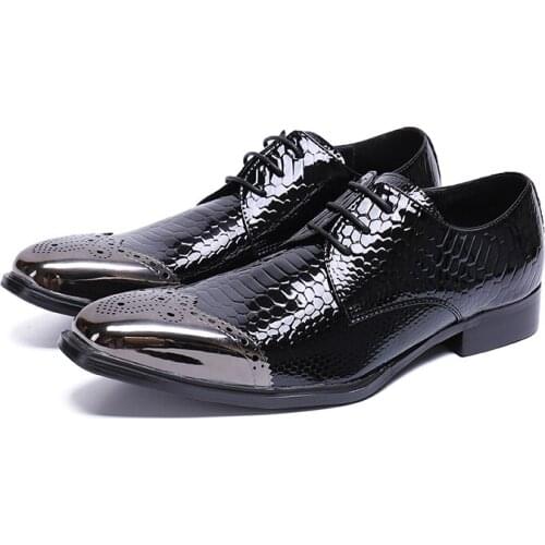 Plus Size 2020 Luxury Alligator Man Metal Tipped Oxfords Black Gold Glitter Genuine Leather High Heels Mens Formal Dress Shoes