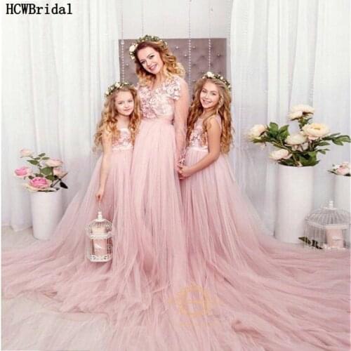 Pink Long Sleeves Pregnant Women Evening Dress V Neck Plus Size Graceful Flowers Mother And Daughters Party Dress Robe De Soiree