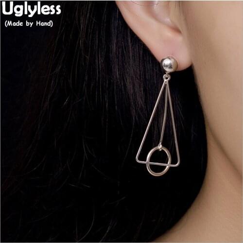 Uglyless 100% Real Solid 925 Silver Fine Jewelry for Women Geometric Earrings Hollow Triangle Earrings Handmade Circle Bijoux