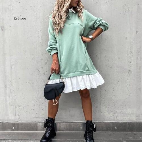 Spring Fashion Lace Patchwork Solid Mini Dress Women Autumn Elegant Turn-Down Collar Party Dresses Lady Long Sleeve