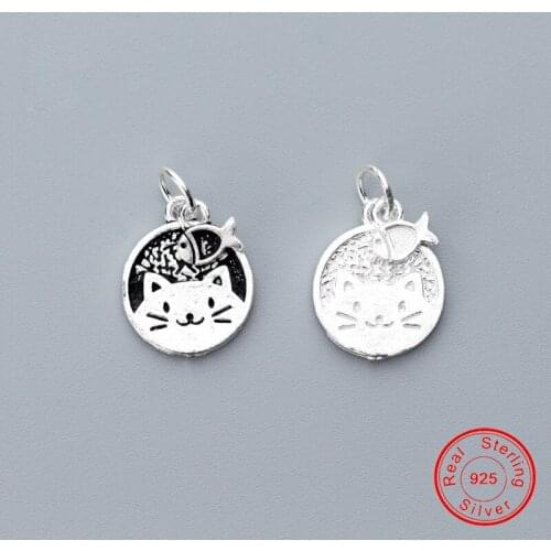 UQBing Lovely Kitty & Fish Charms Round Coin 100% 925 Sterling Silver Pendant Making Necklaces Bracelet DIY Jewelry Accessories