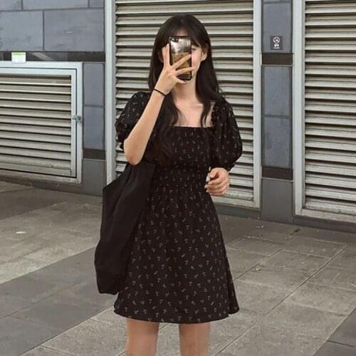 Square Collar Chiffon Floral Dress Kawai A Line Vestido Black Mini Vestidos Verano 2021 NEW Retro Cute Harajuku Clothes FT216