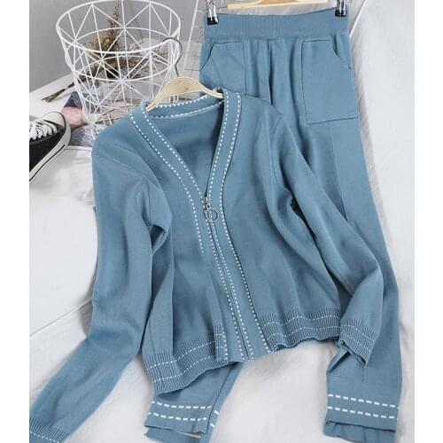 2021 Spring Autumn Knitted Cardigans Sets Fashion Cardigans Tops Casual Striped Pencil Pants Two Pieces Suit LJ3164