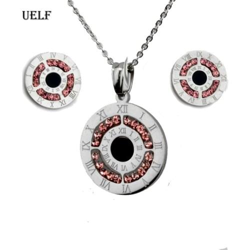 UELF Roman Numeral Full Crystal Necklaces Earring For Women Wedding Party Stainless Steel Lady Jewelry Set Gift Box