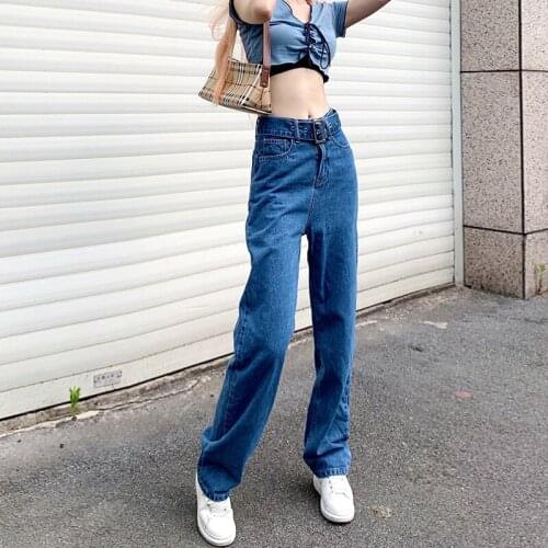 2021 Summer New Casual Fashion Women New Denim Pants Baggy Jeans Clothing Mom Fit Straight Flared Loose Jean with Belt Female