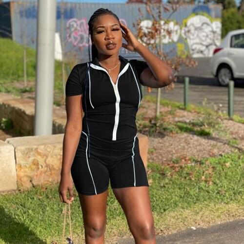2021 Playsuit Bodycon Rompers Jumpsuit Women Casual Sporty Striped Zipper Short Sleeve Biker Shorts Slim Workout Jumpsuit