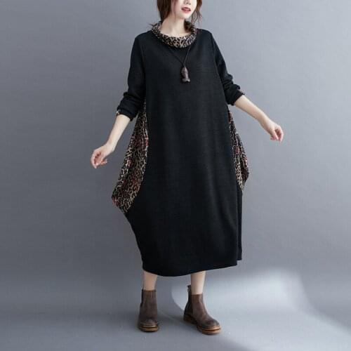 Johnature Women Knitting Dresses 2021 Autumn Winter New Big Turn-down Collar Loose Leopard Print Female Dress