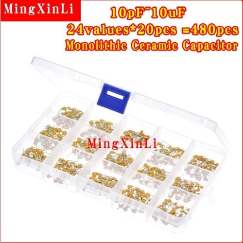 24values*20pcs =480pcs Monolithic Ceramic Capacitor 10pF~10uF,ceramic capacitor Assorted Kit + BOX