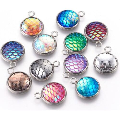 30pcs Resin Mermaid Fish Scale Round Charms Pendants with 304 Stainless Steel Findings for Jewelry Necklace Bracelet Making