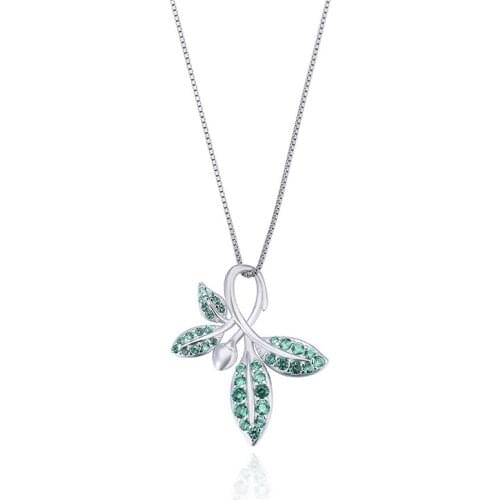 Noble Women Pure 925 Sterling Silver Leaf Shape Green Zircon Pendant Clavicle Chain Necklace Jewelry Accessory For Girl Gift