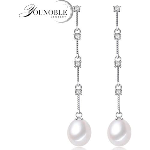 Drop Long Pearl Earrings For Women,Wedding Freshwater Pearl Earrings 925 Silver Jewelry Anniversary Gift White 8-9mm Gift Box
