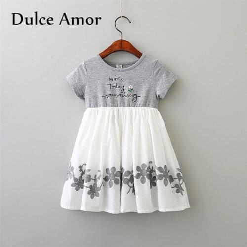 Dulce Amor Girls Dress Baby Girl Clothes Summer Cute Short Sleeve Print Letter Princess Dress Kids Patchwork Dress For Girls