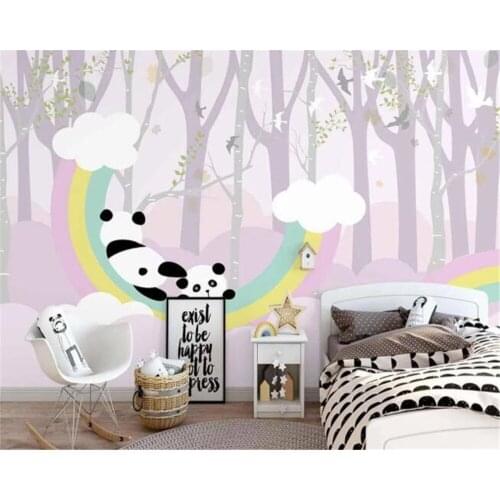 Beibehang New modern minimalist Nordic hand-painted rainbow panda cloud forest children background wallpaper home decoration