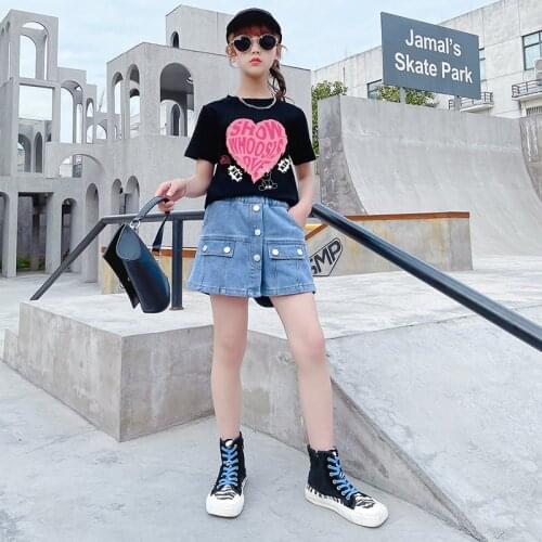 Summer Childrens Clothing Sets for Teen Girls Cotton Heart Tshirts+Denim Divided Skirt 2pcs Sets School Clothes Sets 4-14Years