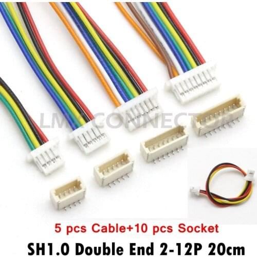 5 sets JST SH 1.0mm Wire Cable Connector Double End SMD Vertical Male Socket 28AWG 200mm 2P 3P 4P 5P 6P 7P 8P 9P 10P 11P 12 Pin