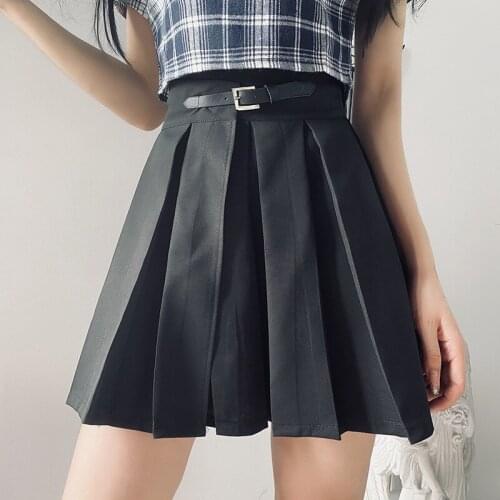 Women Mini Pleated Skirt Japanese Preppy Style High Waist Solid A-Line Short Skirt Buckle Belt Y2K Black Skrits