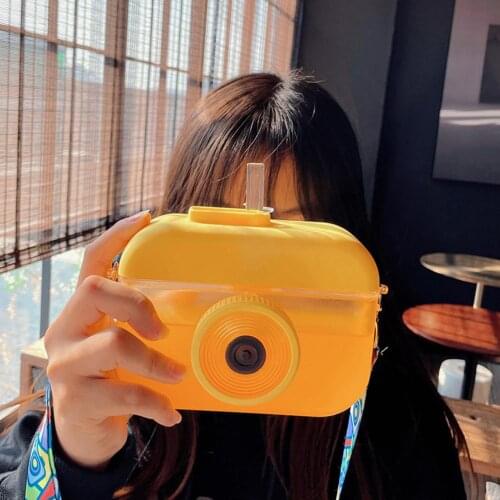 Creative Trend 400ml Camera Cup Straw Water Bottle Adjustable Shoulder Strap Cup Girlish Cute Fruit Cup Water Sippy Cup Fashion