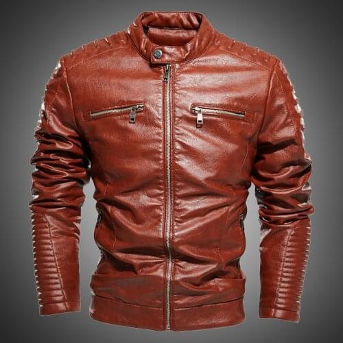 Jackets Men Stand Collar Pleated Design Brown Motorcycle Jacket Men Biker Jacket and Coats Zipper Slim Fit Coat Autumn Winter PU