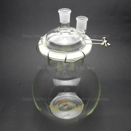 5000ml,Glass Reaction Vessel,5L,24/29,2-Neck,Flat Bottom Lab Reactor,Lid & Clamp
