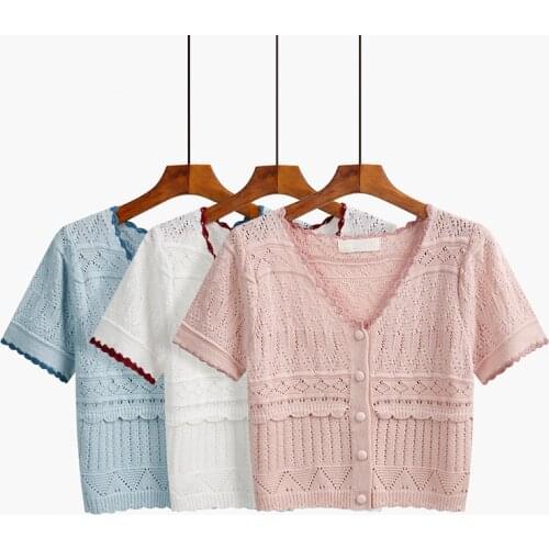 Summer Thin Knitting T-Shirt For Women Fashion Ruffle O-Neck Knitwear Female Casual Hollow Out Floral Knitted Short Sleeve Tops