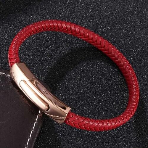 Fashion Women Jewelry Red Braided Leather Bracelet Unisex Stainless Steel Spring Clasps Charms Wrist Band Bangles Gifts