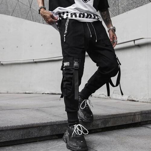 2XL Size 2019 Fashion Hip Hop Mens Black Harem Pants Multi-Pocket Ribbons Man Streetwear Pants Casual Mens Pants Hip Hop