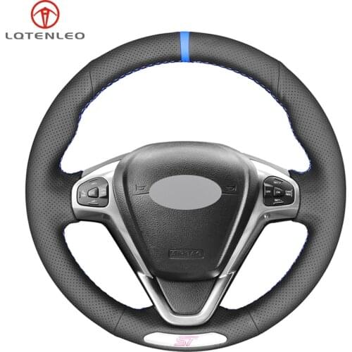 LQTENLEO Black Genuine Leather DIY Hand-stitched Car Steering Wheel Cover For Ford Fiesta ST 2013 2014 2015 2016 2017 2018