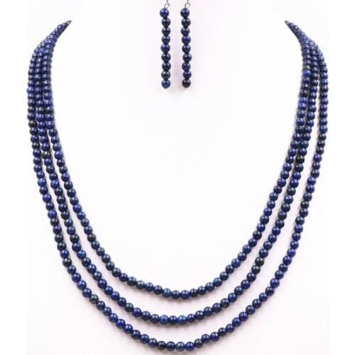 Natural Stone Lapis Lazuli Beads Necklace Earrings Jewelry Set for Women Jaspers 4mm Round Statement Party Weddings 17-19inch