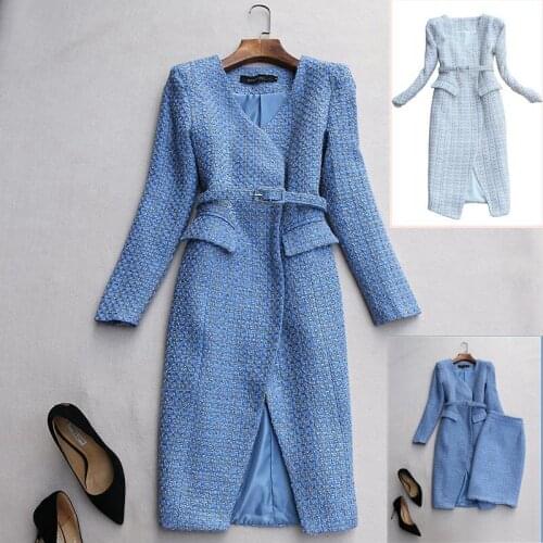 Autumn Winter Classic Woven Faux Woolen Jacket Women Chic Medium Long Coat