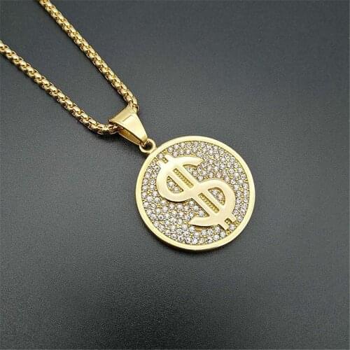 Hip Hop Iced Out Rhinestones Round Dollar Sign Pendant Necklaces Gold Color Stainless Steel Money Coin Chains For Men Jewelry