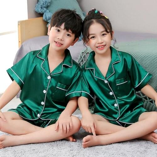 Girls Pajamas Set Summer Short Sleeve Childrens Sleepwear Set Fake Silk Pajamas Boy Pyjamas Sets For Kids Childrens Day Gift