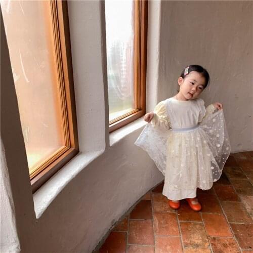 Girl Dress Kids Baby Gown 2021 Beige Spring Autumn Toddler Outwear Party Wedding Princess Tutu Dresses Cotton Children Clothing