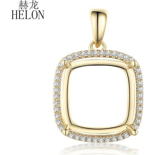 HELON Solid 14K Yellow Gold Real Genuine Natural Diamonds Semi Mount Pendant Women Fine Jewelry Cushion Cut 12x12mm Pendant Gift