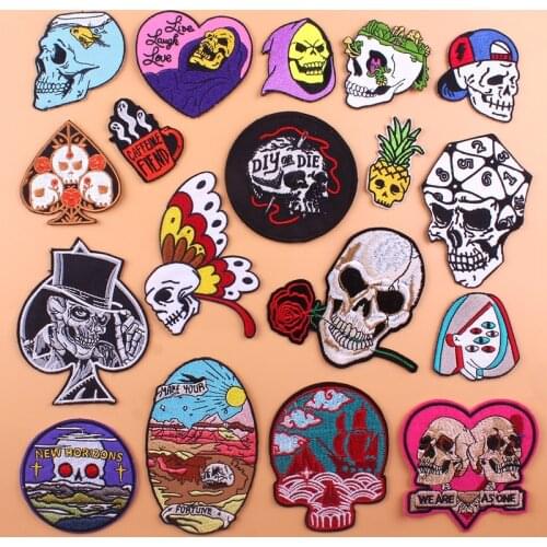 Prajna Terror Skull Embroidery Patches For Clothing Hippie Band Stickers DIY Punk Patch Stripes On Clothes Skull Flower Applique