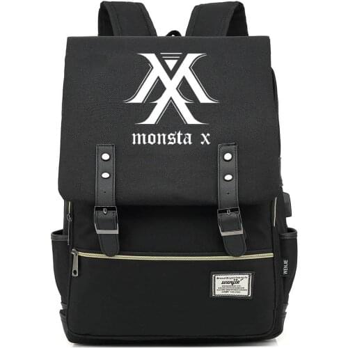 16 Inch Monsta X Korean Designer Backpack Book Bags Shoulder Bag Travel Backbags USB Port Belt Buckle Mochila