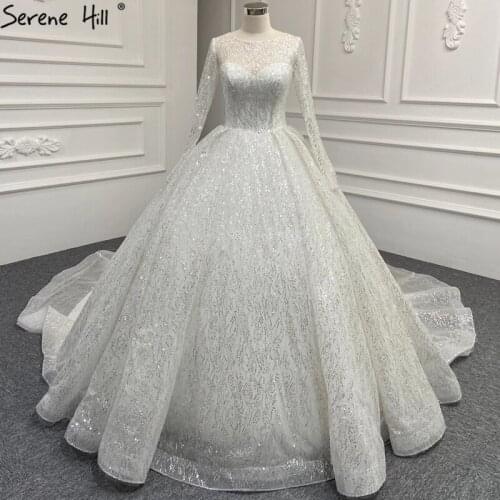 Serene Hill White High-end Bling Wedding Dresses 2020 Long Sleeves Beading Lace Up Bride Gowns HM67064 Custom Made