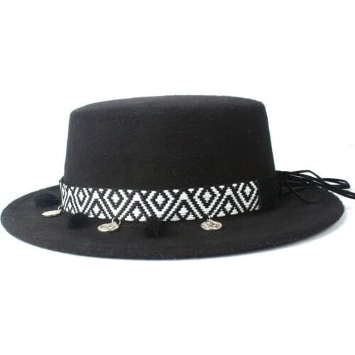 Fashion Women Autumn Winter Flat Fedora Hat With Tassel Church Ribbon Pork Pie Hat Wide Brim Jazz Fascinator Hat Size 56-58CM