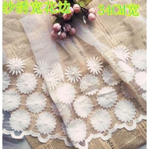 2 Meters Super Wide Lace Fabric 34CM Width High Quality Ivory Flower Organza Lace Mesh Trims Dress Accessories Free Shipping