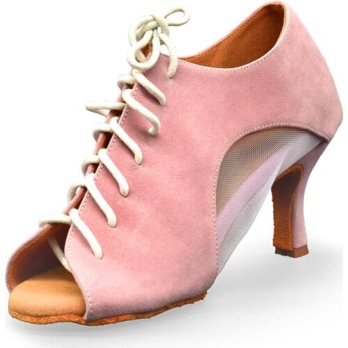 Evkoodance Women Party Ballroom Shoes Pink Nubuck Lace-up Soft Sole Latin Salsa Ballroom Dance Shoes with Low Heel