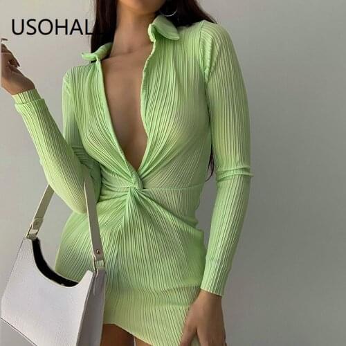 USOHALL New Fashion Sexy Long Sleeve Bodycon Dress Women Folds Mini Dresses