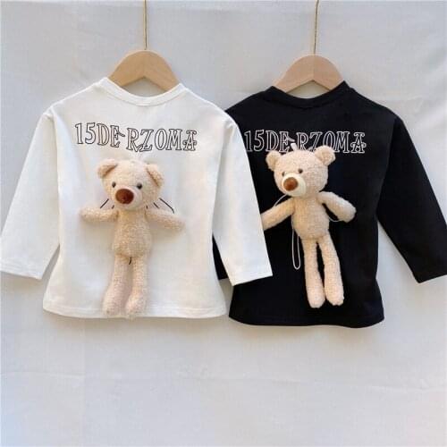 2021 Spring and Autumn Childrens Long-sleeved T-shirt Back Bear Girl Top Tees Korean Style Kids Cartoon Pullover Cotton T Shirt