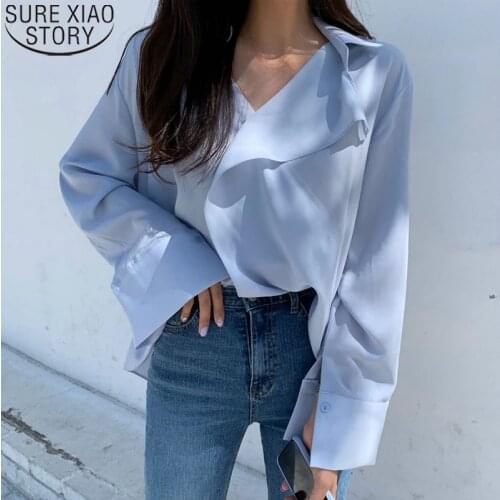 2021 spring Women blouse sweet ruffles Blue blouses Fashion Long Sleeve Tops Loose Elegant Blouse V-neck Office Lady Style 13489