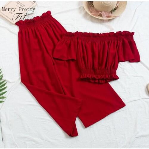 Womens Sets Two Piece Sets Clothes Women Sexy Slash Neck Crop Top With Loose Pants Suits Summer Woman 2 Pcs Set Feminino