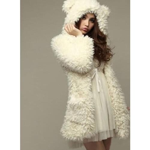 2018 New Korean winter women faux lamb wool coat,Lovely bear ear plush Hooded Jacket,Princess style thick warm long parkas